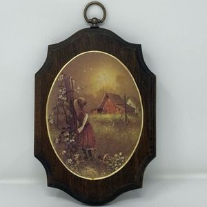 Vintage 1970's Beaded Glass Plaque Girl On A Farm Scene